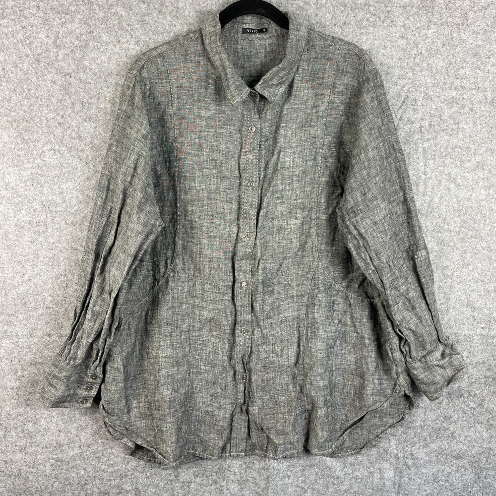 Vivid Linen Tunic Top Womens 3X Gray Button Up Long Sleeve Coastal Lagenlook